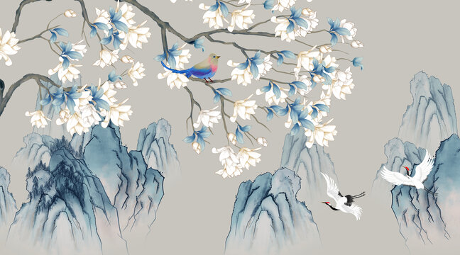 國潮玉蘭花山水圖