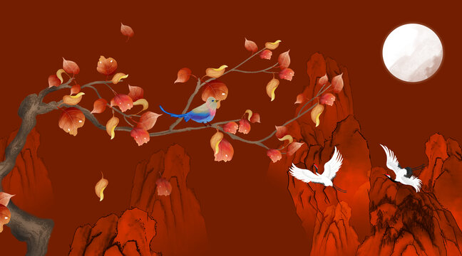 新中式紅葉花鳥山水畫