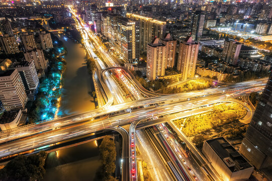 航拍杭州老城城市道路夜景