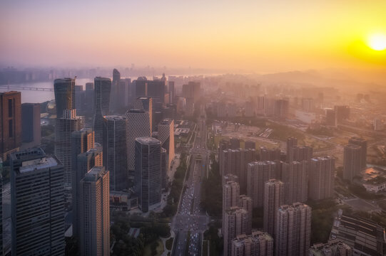 航拍杭州钱江新城街景