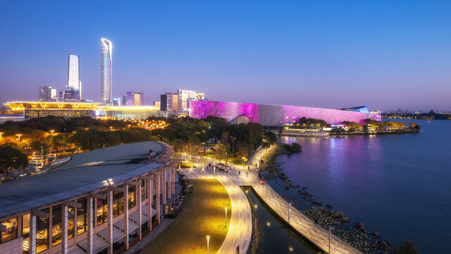 航拍苏州金鸡湖畔东湖国际夜景