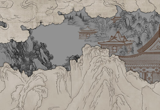 新中式意境山閣樓亭臺背景墻