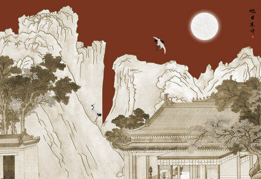 亭臺(tái)樓閣復(fù)古建筑山水背景墻