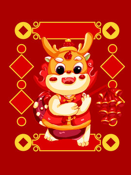 卡通可愛龍年放鞭炮插畫