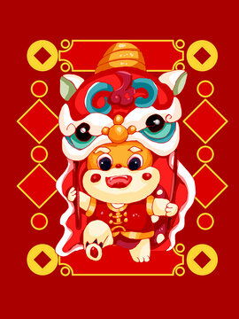 手繪卡通可愛新年龍年舞獅插畫