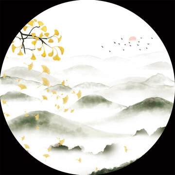銀杏葉山水裝飾畫