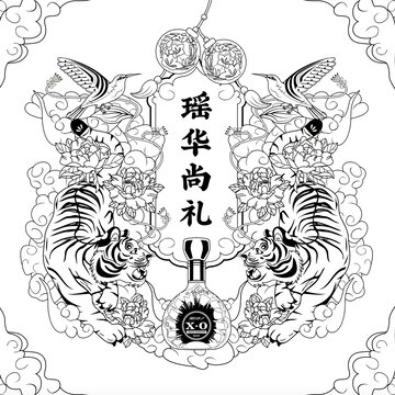 老虎翠鸟国潮花纹矢量白描线稿