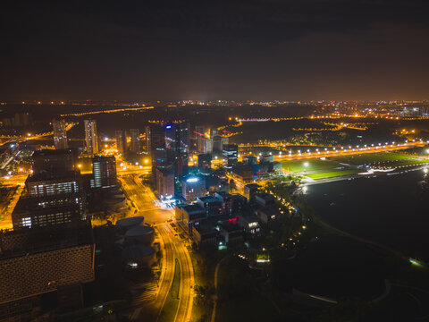 成都兴隆湖城市夜景航拍