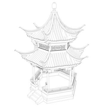 徽派六角亭鳥瞰線稿