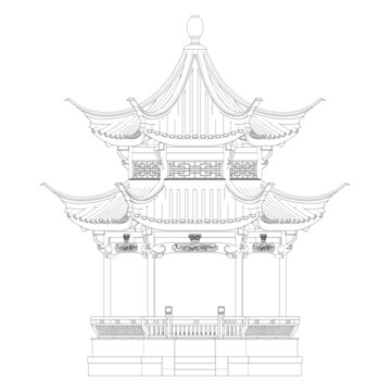 徽派六角亭正立面線稿