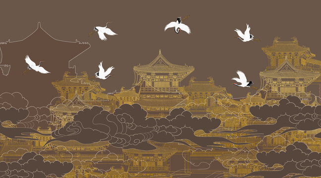 高端刺繡樓閣酒店壁畫(huà)
