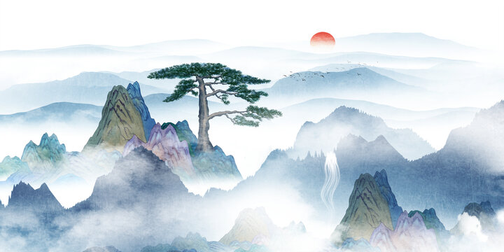迎客松山水畫