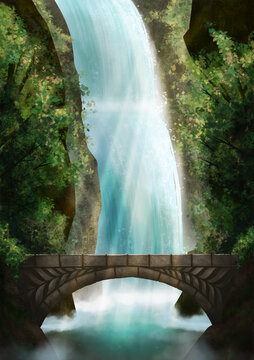 森林瀑布石橋