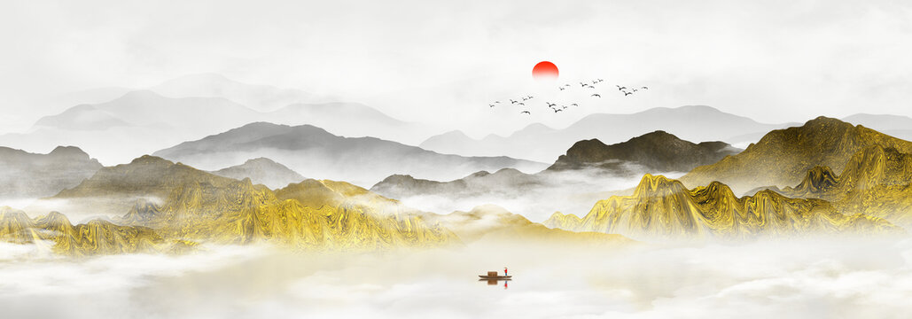 金色山水背景墻