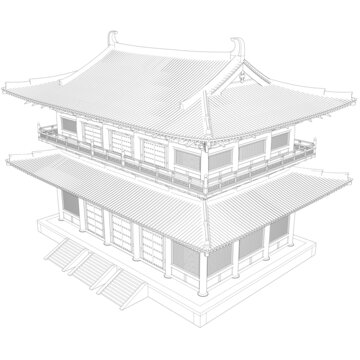 唐風(fēng)歇山閣樓鳥(niǎo)瞰線稿