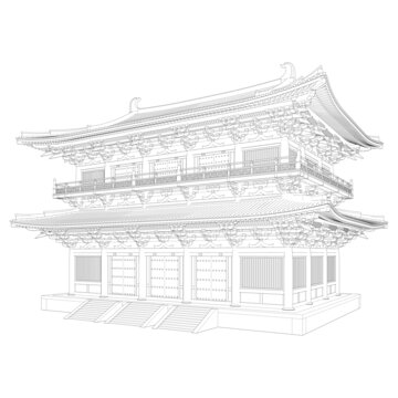 唐風(fēng)歇山閣樓透視線稿