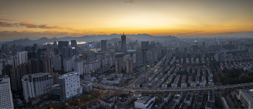 杭州拱墅区朝晖地区城市夕阳风光