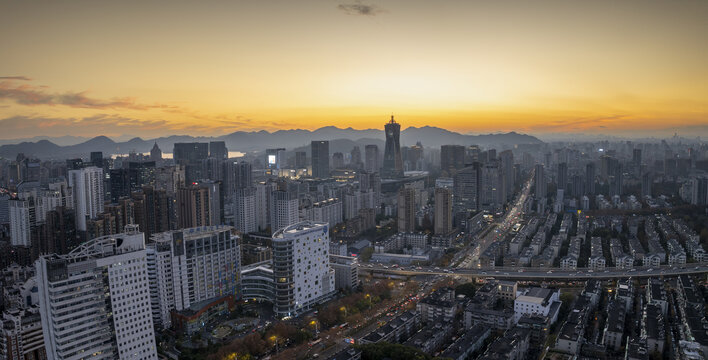 杭州拱墅区朝晖地区城市夕阳风光