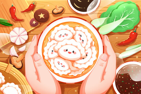 中國傳統(tǒng)習俗吃餃子插畫