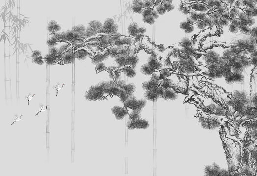 松鶴延年竹子背景墻