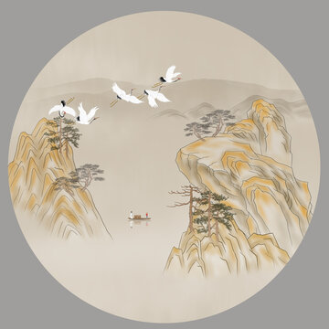圓形國(guó)潮山水畫(huà)