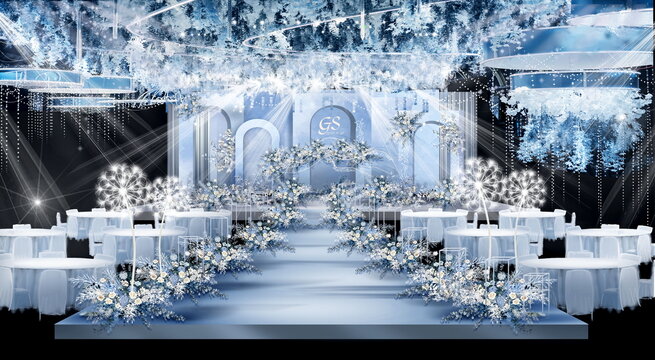 水蓝冰蓝色欧式简约婚礼效果图