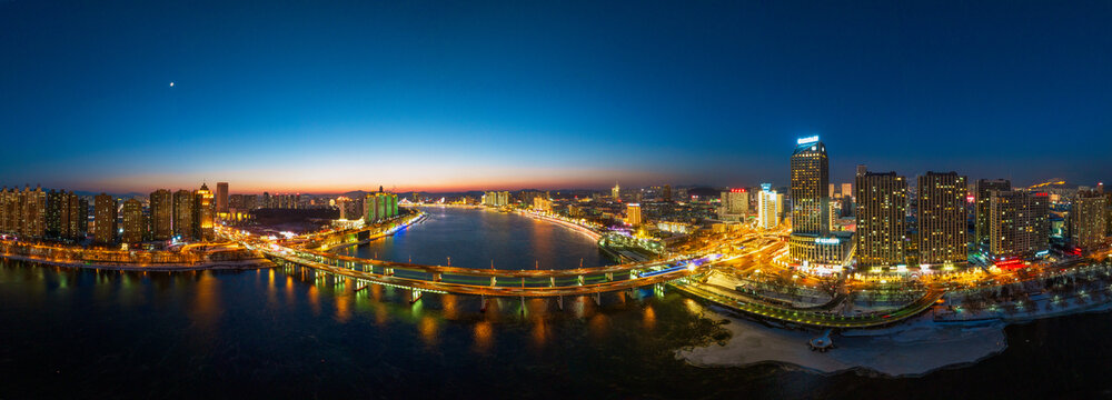 吉林市松花江城市夜景航拍