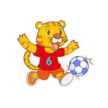 吉祥物卡通老虎踢足球运动