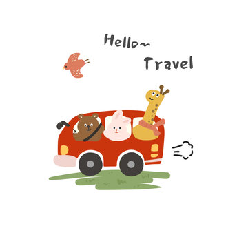 卡通動物汽車扁平插畫圖案