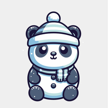 可爱熊猫雪人卡通插画