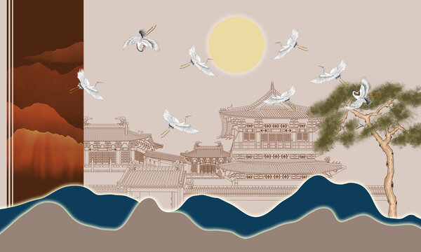 新中式樓閣古建筑刺繡瑞鶴圖