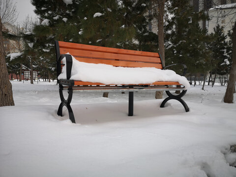 公园凳子上的雪
