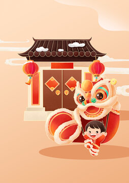 簡約大氣紅色新春龍年節(jié)日插畫