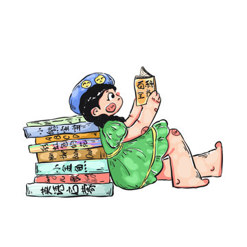 卡通看書(shū)兒童女孩