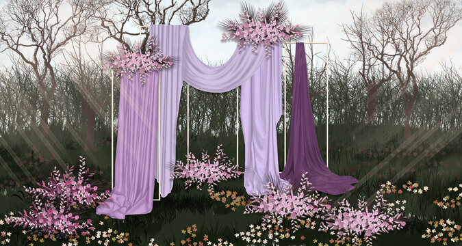 户外造景紫色布幔婚礼效果图