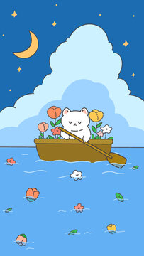 夜晚劃船的貓咪