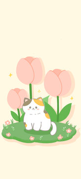 貓與郁金香插畫