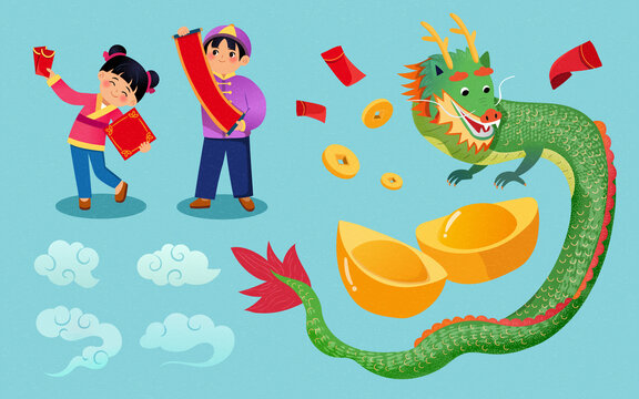儿童中国龙与大元宝 龙年春节素材插图