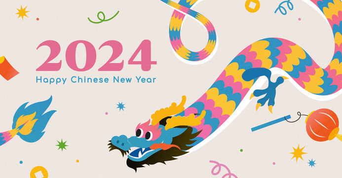 欢乐花纹东方龙与节日装饰 可爱新年插图