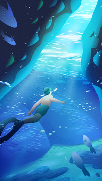 浮潜探索蔚蓝海底洞穴 手机壁纸插画
