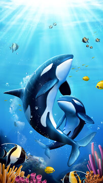海洋三维图虎鲸亲子游泳戏耍 手机壁纸插画