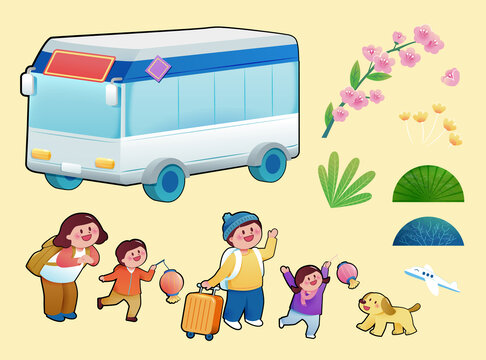 交通大巴与春游民众插画素材