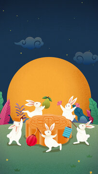 中秋夜围绕月饼跳舞的玉兔 手绘风手机壁纸