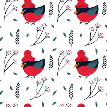 圣诞红腹灰雀和冬季植物无缝图案