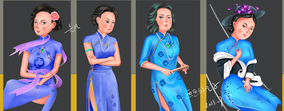 四個民國美女人物插畫