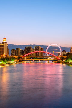 中国天津海河天津眼城市建筑夜景