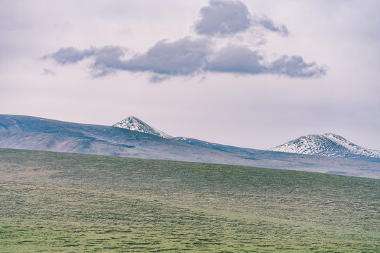 中国青海省阿尼玛卿的雪山和草地