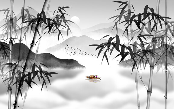 中式竹子山水画