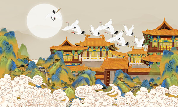 新中式樓閣國潮青綠山水