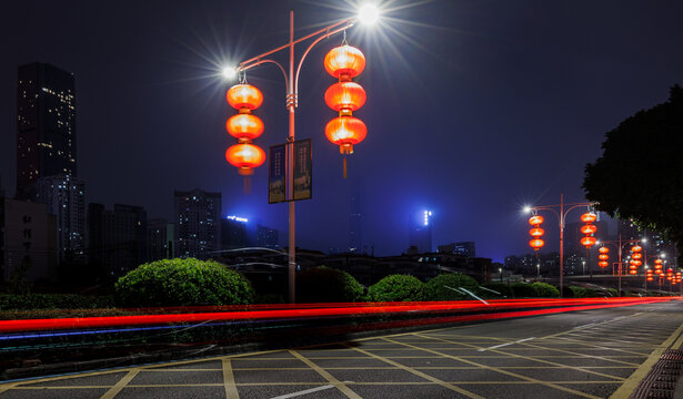 春节城市市区道路车流光轨